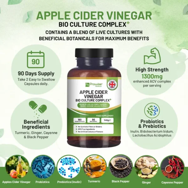 Apple Cider Vinegar with Bio Cultures Complex 1300mg – 180 Capsules - Image 2